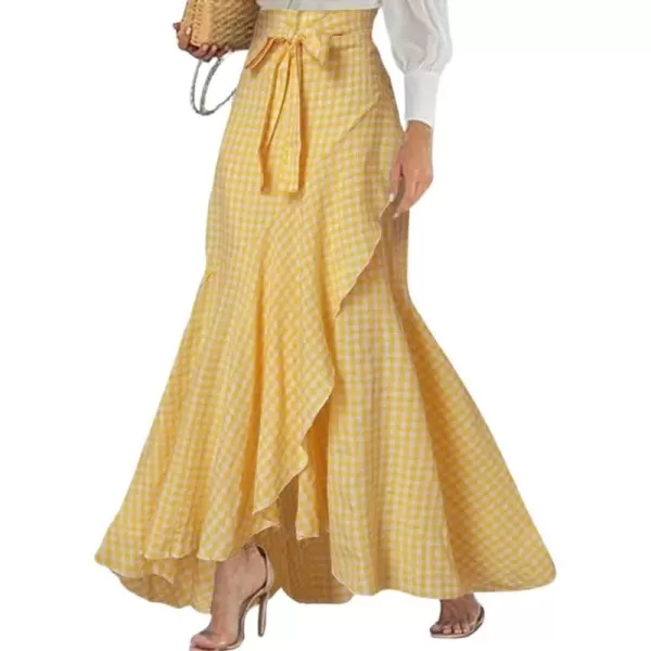imagechouyatou Womens Casual Plaid Mermaid Maxi Skirt A Line Irregular Ruffle Hem Fishtail Long SkirtPlaid Yellow