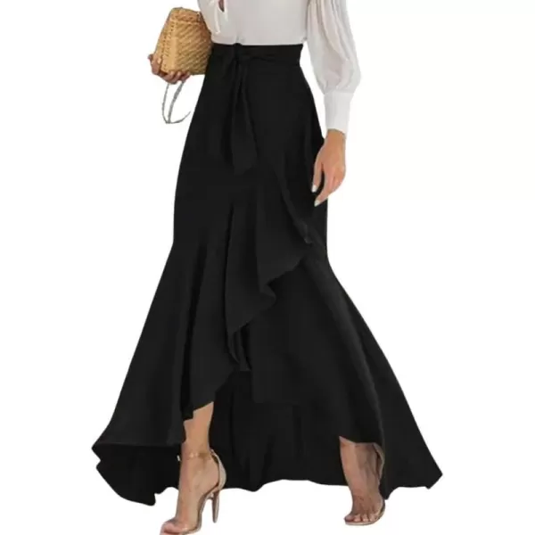 imagechouyatou Womens Casual Plaid Mermaid Maxi Skirt A Line Irregular Ruffle Hem Fishtail Long SkirtSolid Black
