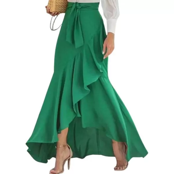 imagechouyatou Womens Casual Plaid Mermaid Maxi Skirt A Line Irregular Ruffle Hem Fishtail Long SkirtSolid Green