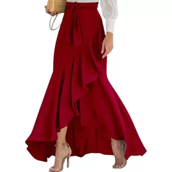imagechouyatou Womens Casual Plaid Mermaid Maxi Skirt A Line Irregular Ruffle Hem Fishtail Long SkirtSolid Winered