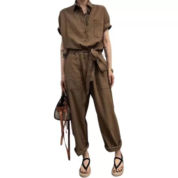 imagechouyatou Womens Collared Short Sleeve High Waist Cargo Jumpsuits Button Down Tie Waist Romper CoveralllsBrown
