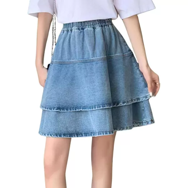 imagechouyatou Womens Cute Denim Ruffle Skirt High Elastic Waist ALine Tiered Swing Jean Mini SkirtBlue