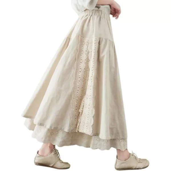 imagechouyatou Womens Cute Lace Eyelet Embroidery Boho Skirt Elastic Waist Pleated Swing Midi Long SkirtBeige White