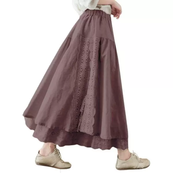 imagechouyatou Womens Cute Lace Eyelet Embroidery Boho Skirt Elastic Waist Pleated Swing Midi Long SkirtCoffee