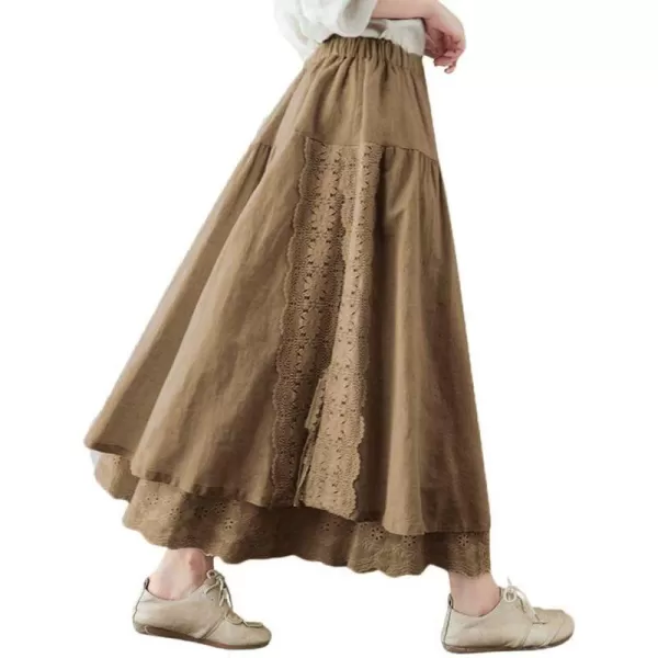 imagechouyatou Womens Cute Lace Eyelet Embroidery Boho Skirt Elastic Waist Pleated Swing Midi Long SkirtKhaki