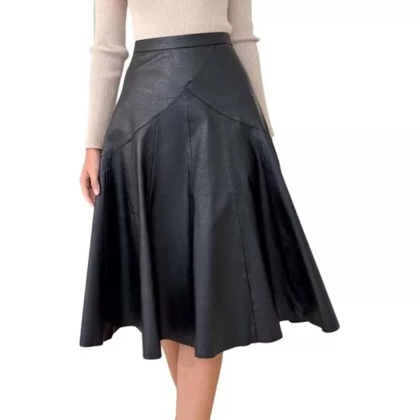 imagechouyatou Womens Elegant High Waist ALine Pu Faux Leather Pleated Midi Long SkirtBlack
