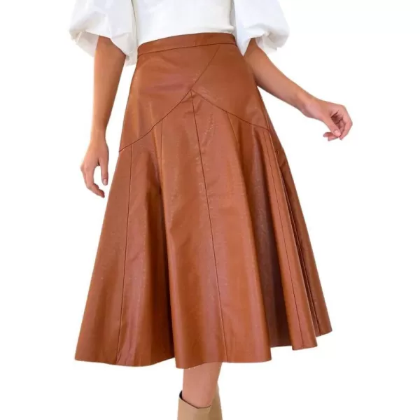 imagechouyatou Womens Elegant High Waist ALine Pu Faux Leather Pleated Midi Long SkirtKhaki Brown