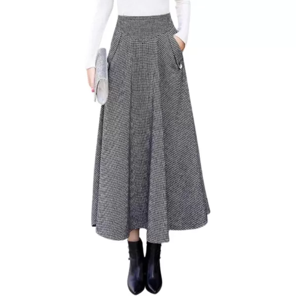 imagechouyatou Womens Elegant Houndstooth Plaid A Line Pleated Swing Midi Long Wool Skirt with PocketsBlack White