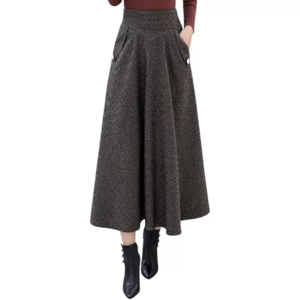 imagechouyatou Womens Elegant Houndstooth Plaid A Line Pleated Swing Midi Long Wool Skirt with PocketsCoffee