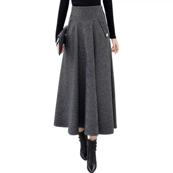 imagechouyatou Womens Elegant Houndstooth Plaid A Line Pleated Swing Midi Long Wool Skirt with PocketsGray