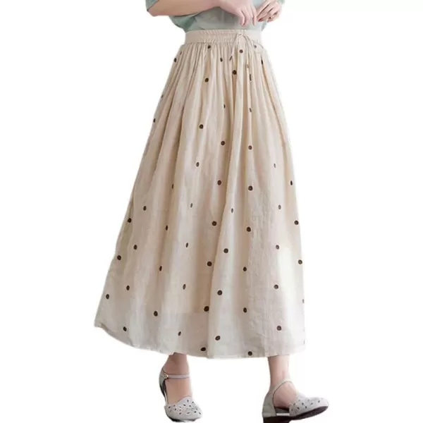 imagechouyatou Womens Elegant Polka Dot ALine Skirt Boho Swing Pleated Cotton Midi Long SkirtApricot