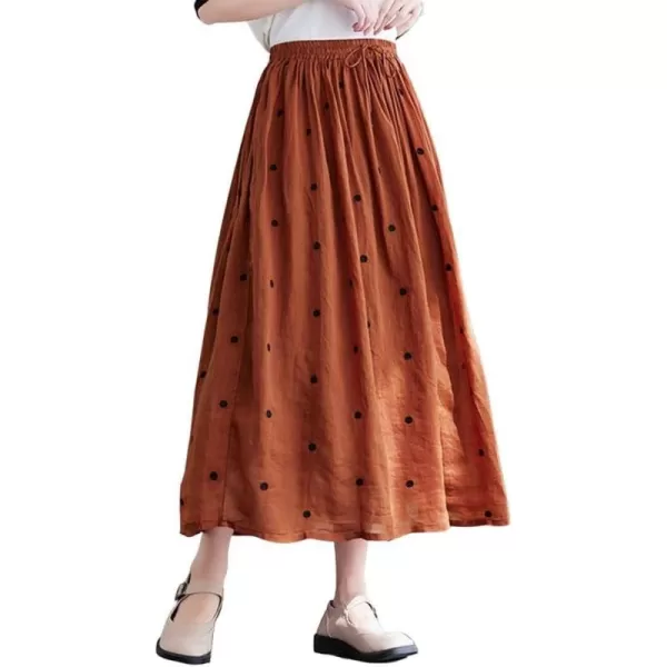 imagechouyatou Womens Elegant Polka Dot ALine Skirt Boho Swing Pleated Cotton Midi Long SkirtBrick Red