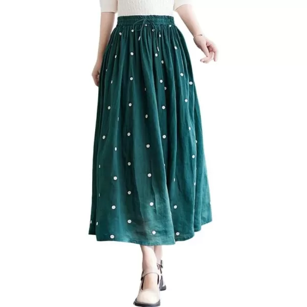 imagechouyatou Womens Elegant Polka Dot ALine Skirt Boho Swing Pleated Cotton Midi Long SkirtGreen