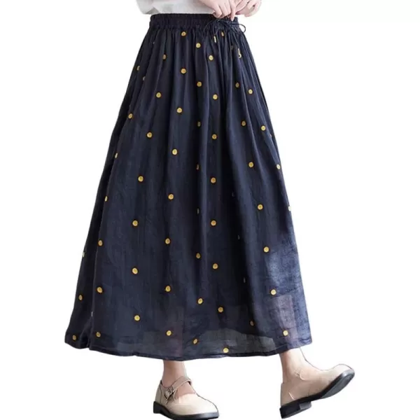 imagechouyatou Womens Elegant Polka Dot ALine Skirt Boho Swing Pleated Cotton Midi Long SkirtNavy