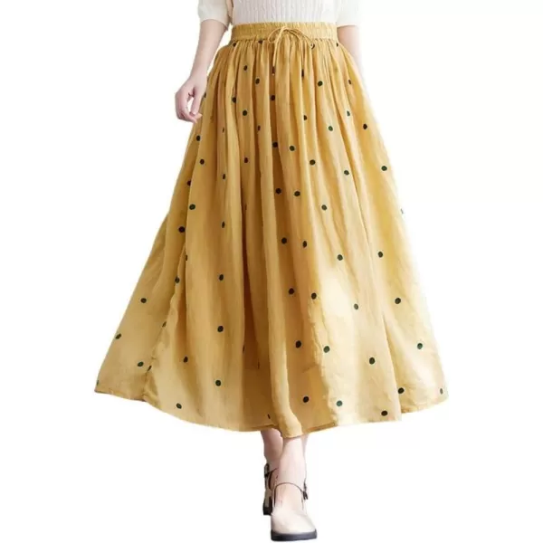 imagechouyatou Womens Elegant Polka Dot ALine Skirt Boho Swing Pleated Cotton Midi Long SkirtYellow