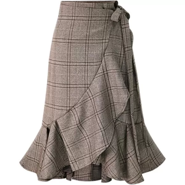 imagechouyatou Womens Elegant Work Wear Adjustable Waist Flounce ALine Plaid Midi Wrap SkirtCoffee