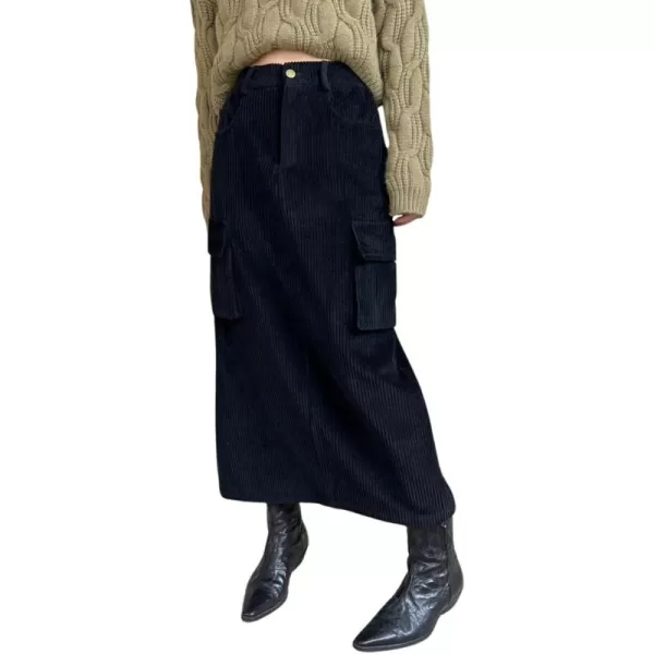 imagechouyatou Womens Fall Elastic High Waisted Corduory Skirt Straight Fit Midi Long Cargo Skirt with SplitBlack