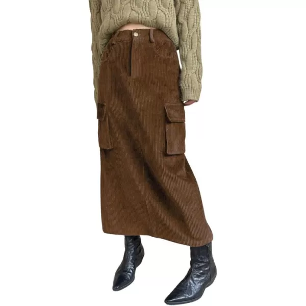 imagechouyatou Womens Fall Elastic High Waisted Corduory Skirt Straight Fit Midi Long Cargo Skirt with SplitBrown