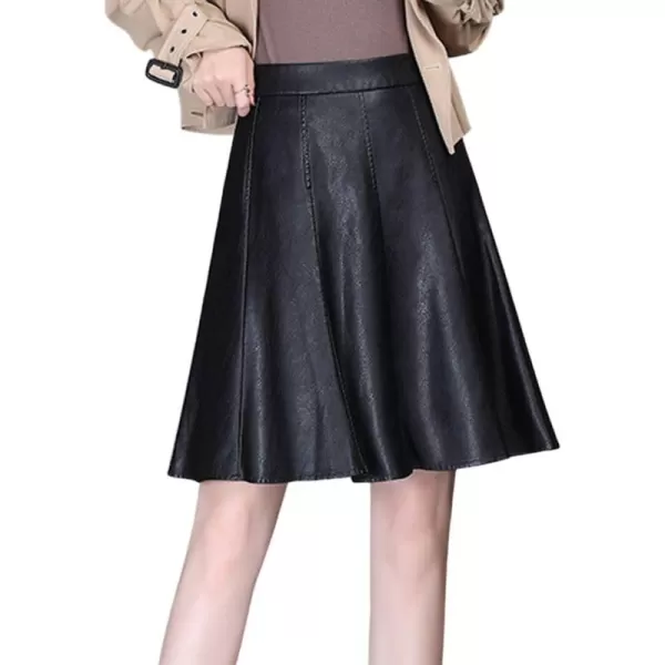 imagechouyatou Womens High Waisted Faux Leather Pleated Skirt A Line Knee Length Business Casual Midi SkirtBlack