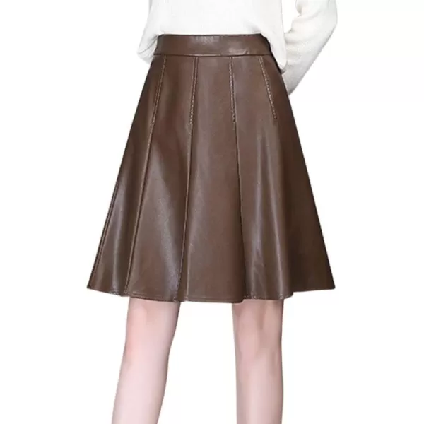 imagechouyatou Womens High Waisted Faux Leather Pleated Skirt A Line Knee Length Business Casual Midi SkirtCoffee