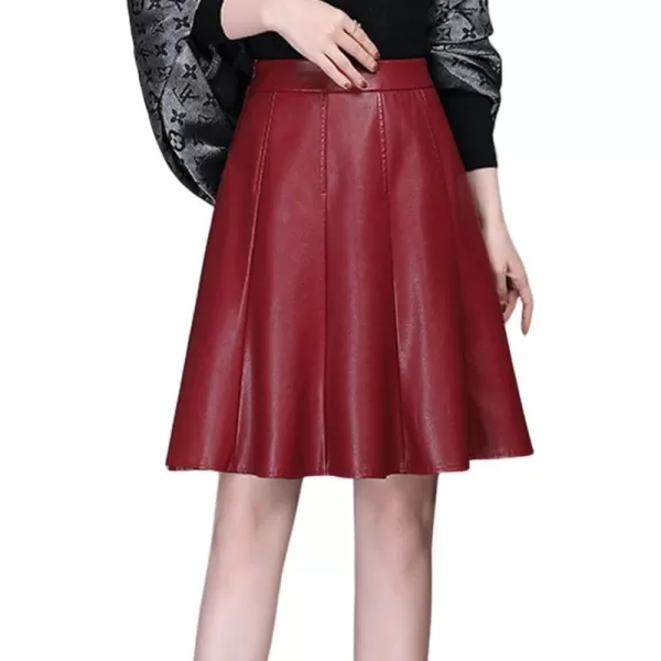imagechouyatou Womens High Waisted Faux Leather Pleated Skirt A Line Knee Length Business Casual Midi SkirtRed