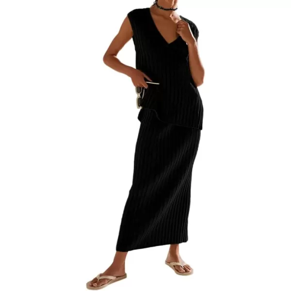 imagechouyatou Womens Loose Fit 2 Piece Sets Sexy VNeck Sweater Vest High Waist Midi Long Skirt Knitted OutfitsBlack