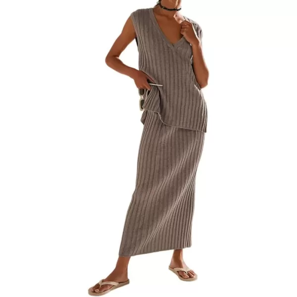 imagechouyatou Womens Loose Fit 2 Piece Sets Sexy VNeck Sweater Vest High Waist Midi Long Skirt Knitted OutfitsDark Khaki