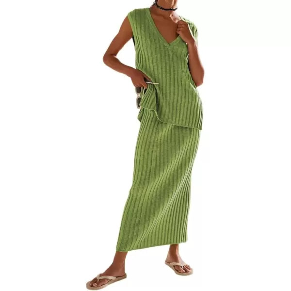 imagechouyatou Womens Loose Fit 2 Piece Sets Sexy VNeck Sweater Vest High Waist Midi Long Skirt Knitted OutfitsGreen