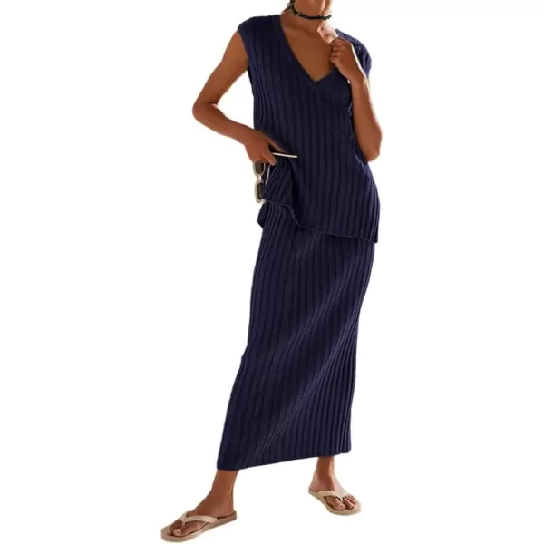 imagechouyatou Womens Loose Fit 2 Piece Sets Sexy VNeck Sweater Vest High Waist Midi Long Skirt Knitted OutfitsNavy Blue