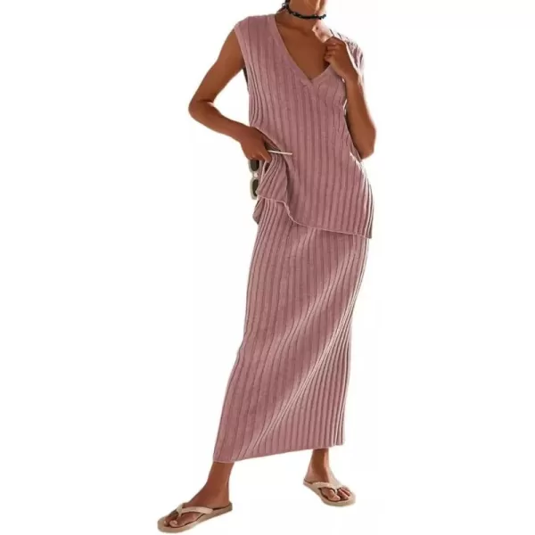 imagechouyatou Womens Loose Fit 2 Piece Sets Sexy VNeck Sweater Vest High Waist Midi Long Skirt Knitted OutfitsPink