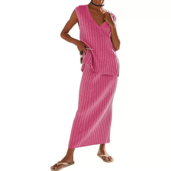 imagechouyatou Womens Loose Fit 2 Piece Sets Sexy VNeck Sweater Vest High Waist Midi Long Skirt Knitted OutfitsRose Red