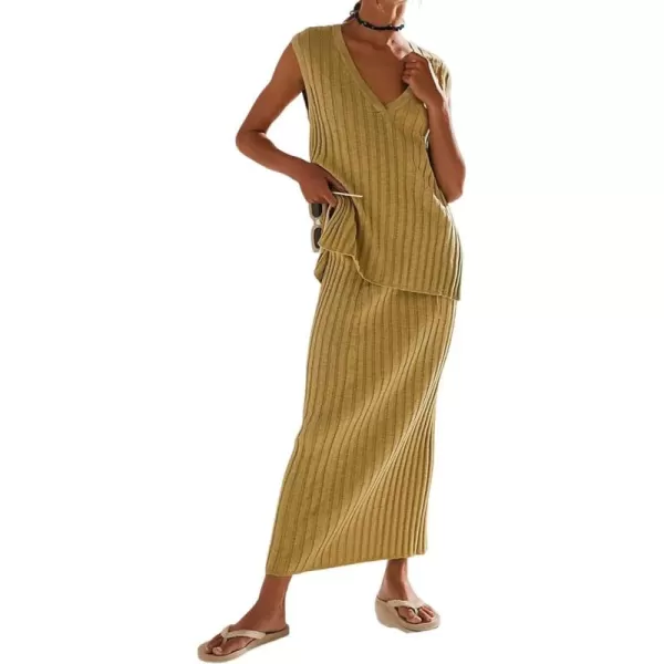imagechouyatou Womens Loose Fit 2 Piece Sets Sexy VNeck Sweater Vest High Waist Midi Long Skirt Knitted OutfitsYellow