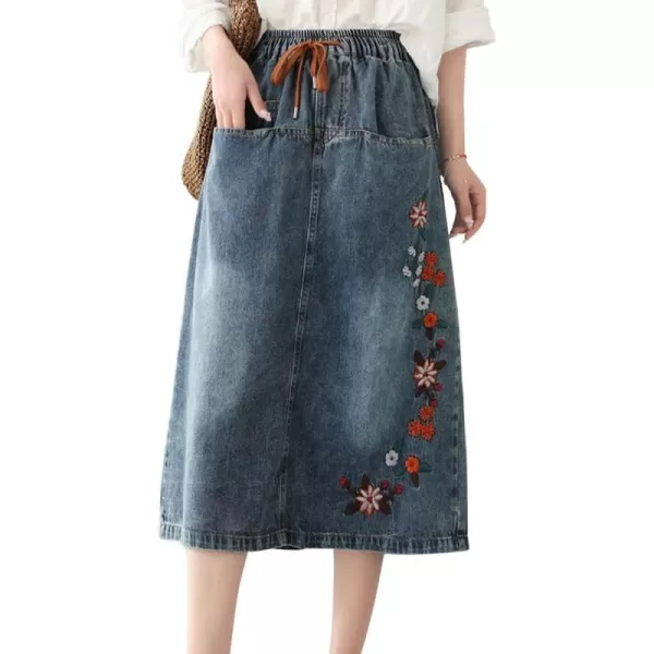 imagechouyatou Womens Retro Floral Embroidered ALine Elastic Waist Midi Long Denim Skirt with PocketsDenim Blue