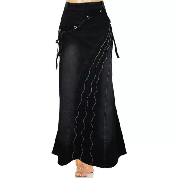 imagechouyatou Womens Retro Full Length ALine Fishtail Maxi Long Denim Jean SkirtBlack
