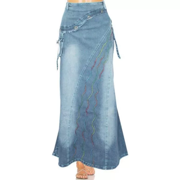 imagechouyatou Womens Retro Full Length ALine Fishtail Maxi Long Denim Jean SkirtLight Blue