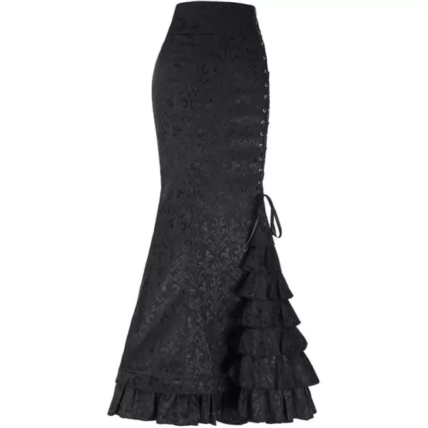 imagechouyatou Womens Retro LaceUp Drawstring Tiered Ruffle Maxi Long Mermaid Pencil SkirtBlack