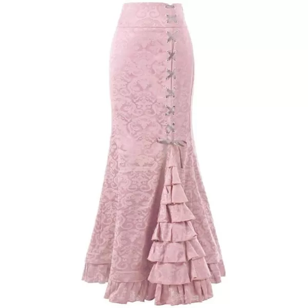 imagechouyatou Womens Retro LaceUp Drawstring Tiered Ruffle Maxi Long Mermaid Pencil SkirtPink