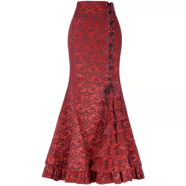 imagechouyatou Womens Retro LaceUp Drawstring Tiered Ruffle Maxi Long Mermaid Pencil SkirtRed