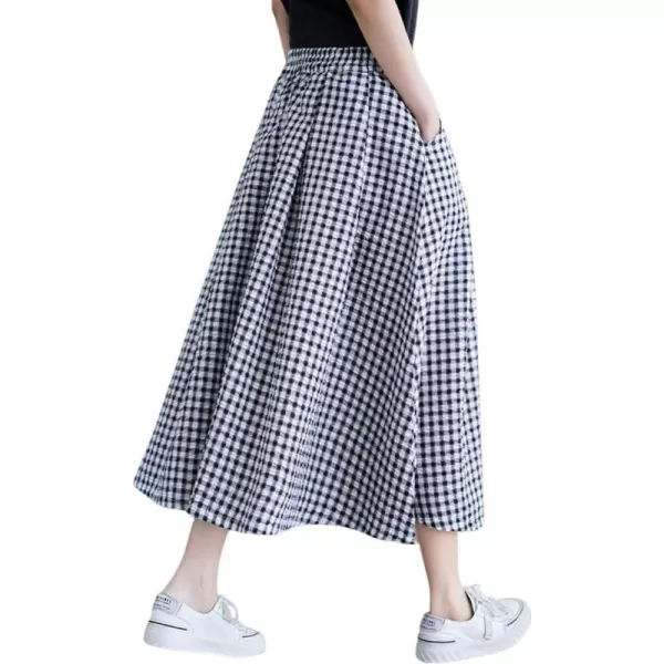 imagechouyatou Womens Retro Plaid Pleated Long Skirts High Elastic Waist Swing Gingham Midi Skirt with PocketsBlack