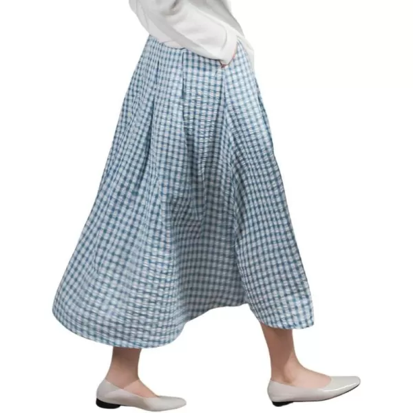 imagechouyatou Womens Retro Plaid Pleated Long Skirts High Elastic Waist Swing Gingham Midi Skirt with PocketsBlue