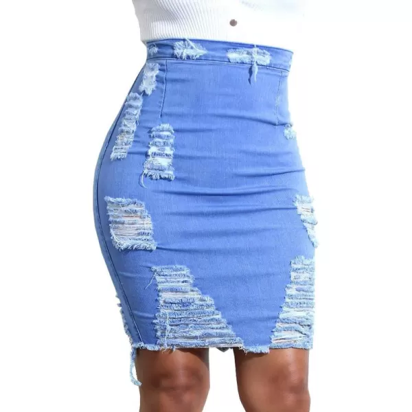 imagechouyatou Womens Stretchy High Waist ButtLifting Bodycon Ripped Denim Pencil SkirtBlue