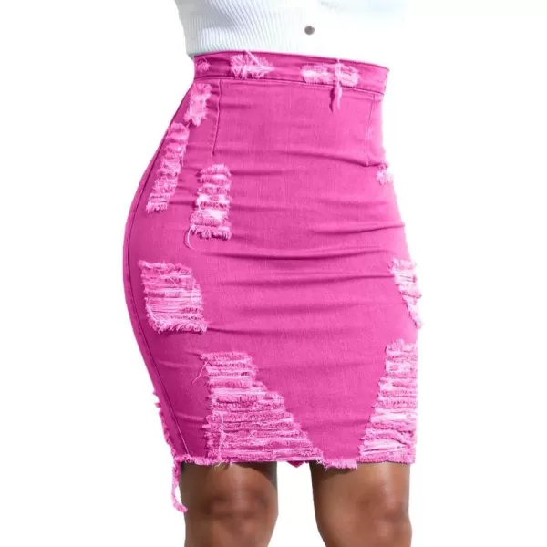 imagechouyatou Womens Stretchy High Waist ButtLifting Bodycon Ripped Denim Pencil SkirtHot Pink