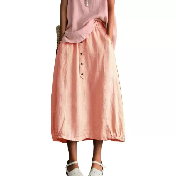 imagechouyatou Womens Summer ACotton Cotton Skirt Elastic Waist Button Front Casual Midi Skirt with PocketsPink