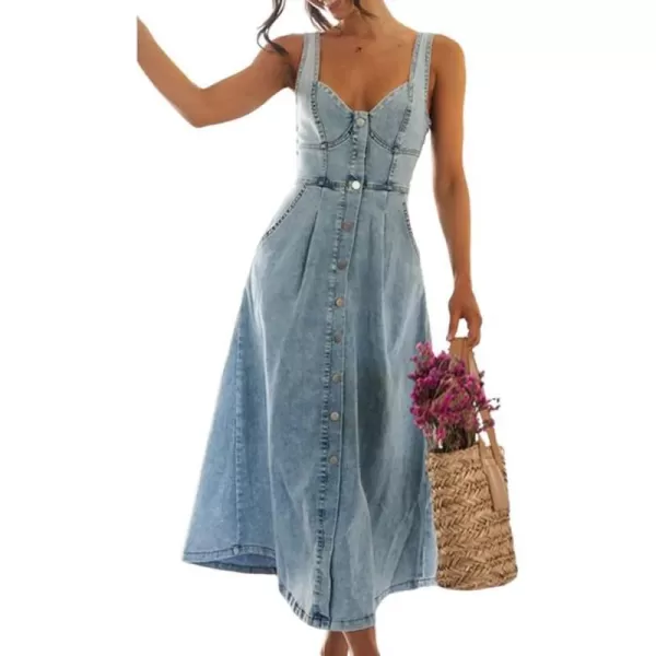 imagechouyatou Womens Summer Casual Button Down Denim Dress ALine Sleeveless Midi Jean DressBlue