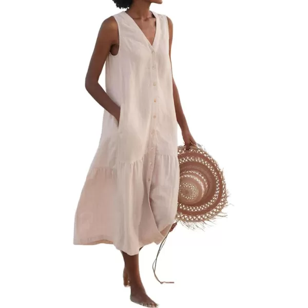 imagechouyatou Womens Summer Sleeveless Button Down Cotton Tank Dress Loose ALine Tiered Tunic Beach DressBeige