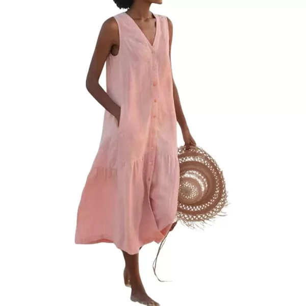 imagechouyatou Womens Summer Sleeveless Button Down Cotton Tank Dress Loose ALine Tiered Tunic Beach DressPink