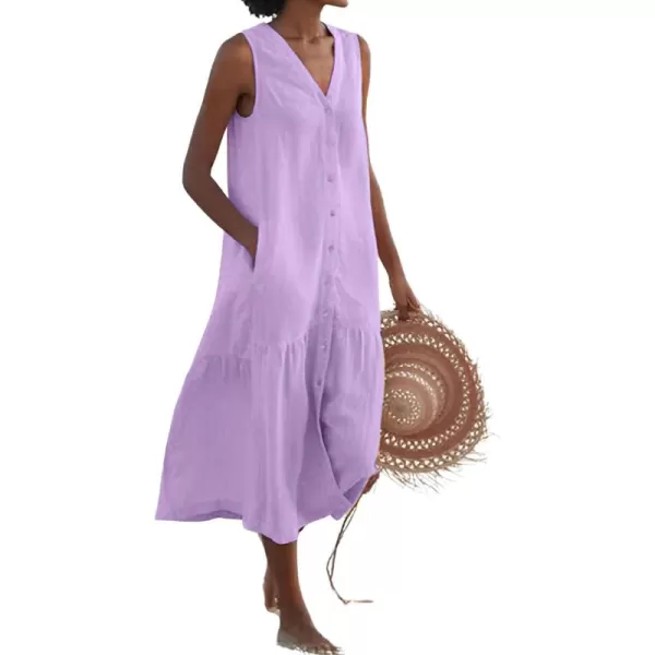 imagechouyatou Womens Summer Sleeveless Button Down Cotton Tank Dress Loose ALine Tiered Tunic Beach DressPurple