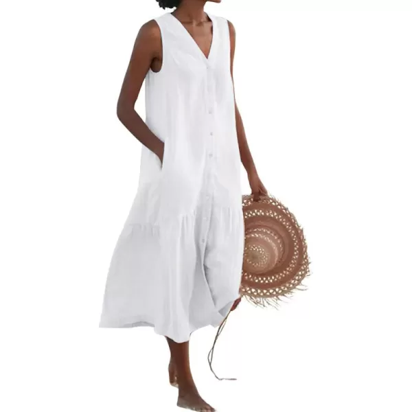 imagechouyatou Womens Summer Sleeveless Button Down Cotton Tank Dress Loose ALine Tiered Tunic Beach DressWhite