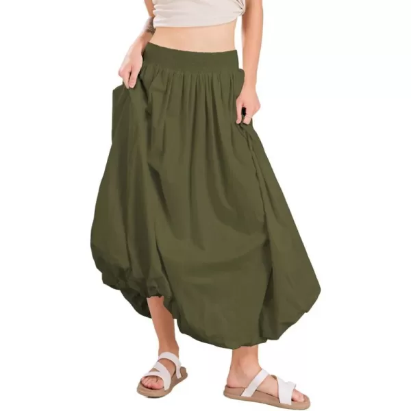 imagechouyatou Womens Summer Y2k Bubble Maxi Long Skirt Puffy Ruffle High Waist ALine Smocked SkirtArmy Green