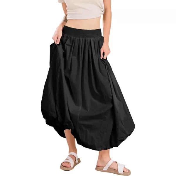 imagechouyatou Womens Summer Y2k Bubble Maxi Long Skirt Puffy Ruffle High Waist ALine Smocked SkirtBlack